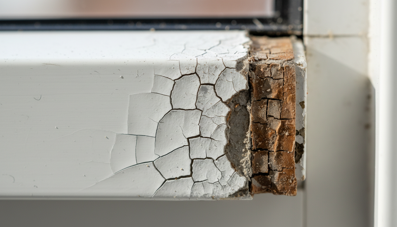 Nahaufnahme einer gerissenen Fensterdichtung am weißen PVC-Rahmen, Risse und Lücken verursachen zugluft fenster.