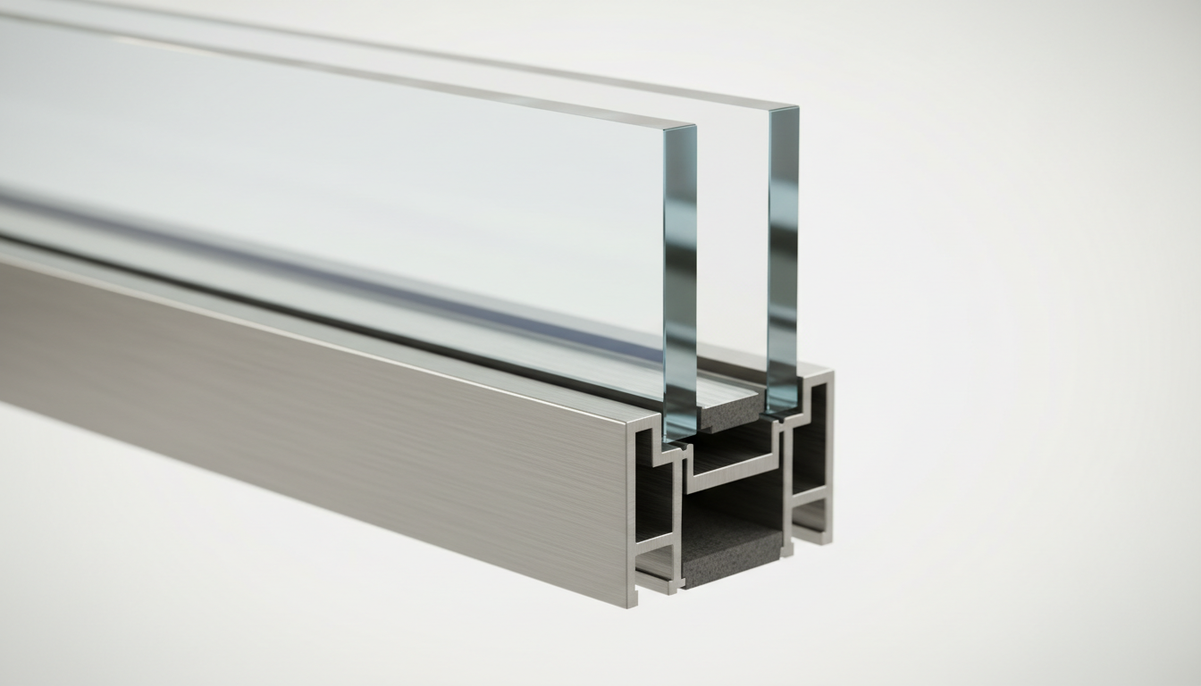 Nahaufnahme eines Querschnitts einer zweifachverglasung mit Abstandhalter, Edelgasfüllung und Warm-Edge-Detail