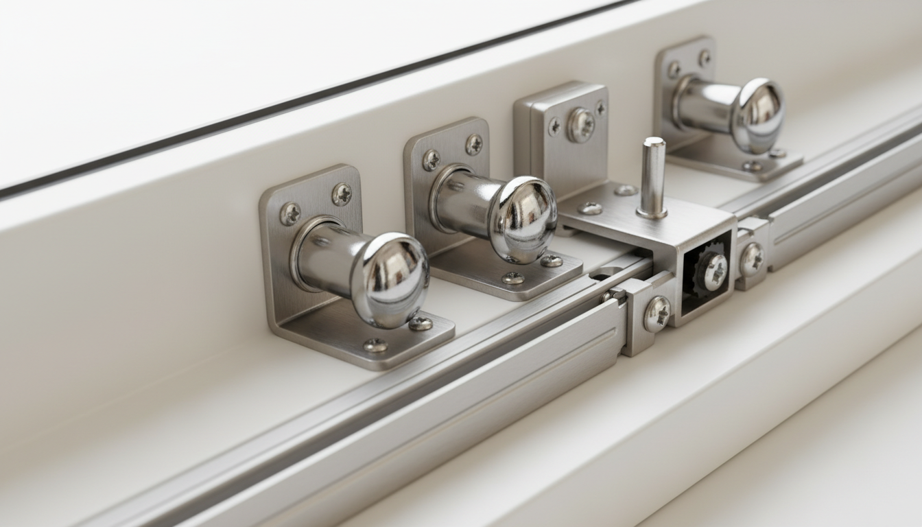 Scharfe Nahaufnahme von Pilzkopf-Verriegelungen und verstärkten Scharnieren als einbruchschutz fenster System.