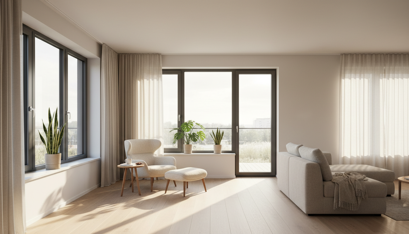 Energieeffiziente Fenster mit anthrazit Modernes Haus mit anthrazitfarbenen Rahmen und energieeffiziente Fenster, klares Blau, scharfe Details