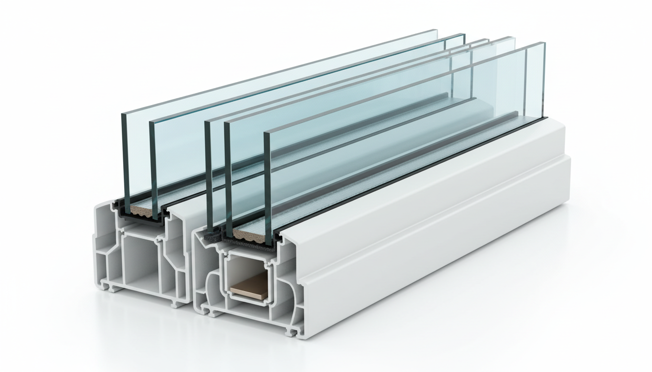 Modernes Wohnzimmer mit dreifachverglasten Fenstern und sichtbarer Rahmenbauweise, reduziert Energieverlust durch Fenster.