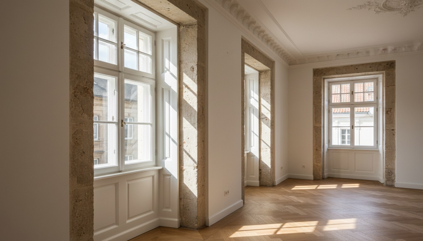 Fenster für Altbau Sanierung – weiße Holzfenster Renoviertes Stadt-Apartment mit neuen weißen Holzfenstern in dicken Mauern, ideal als fenster für altbau sanierung.