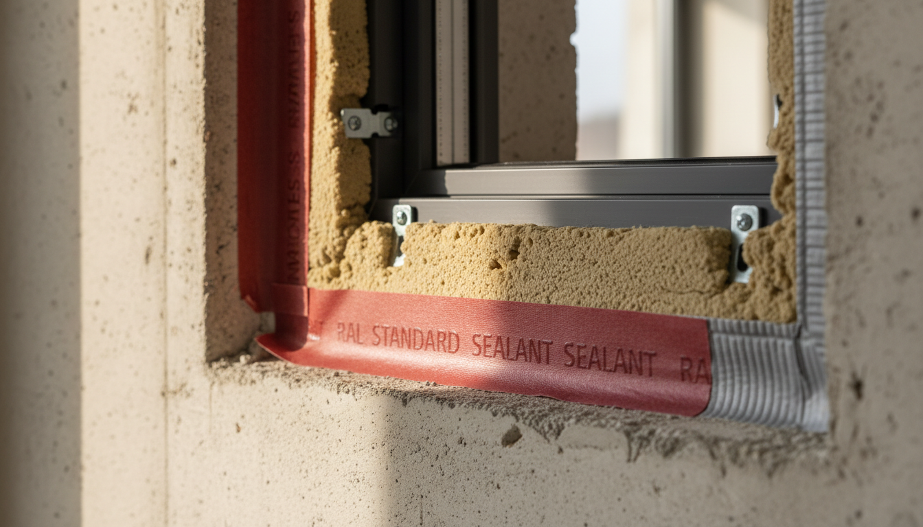 Makroaufnahme zeigt Montagefoam, Dichtband und Befestigungsanker – Fenster falsch eingebaut erkennen an Anschlussfuge