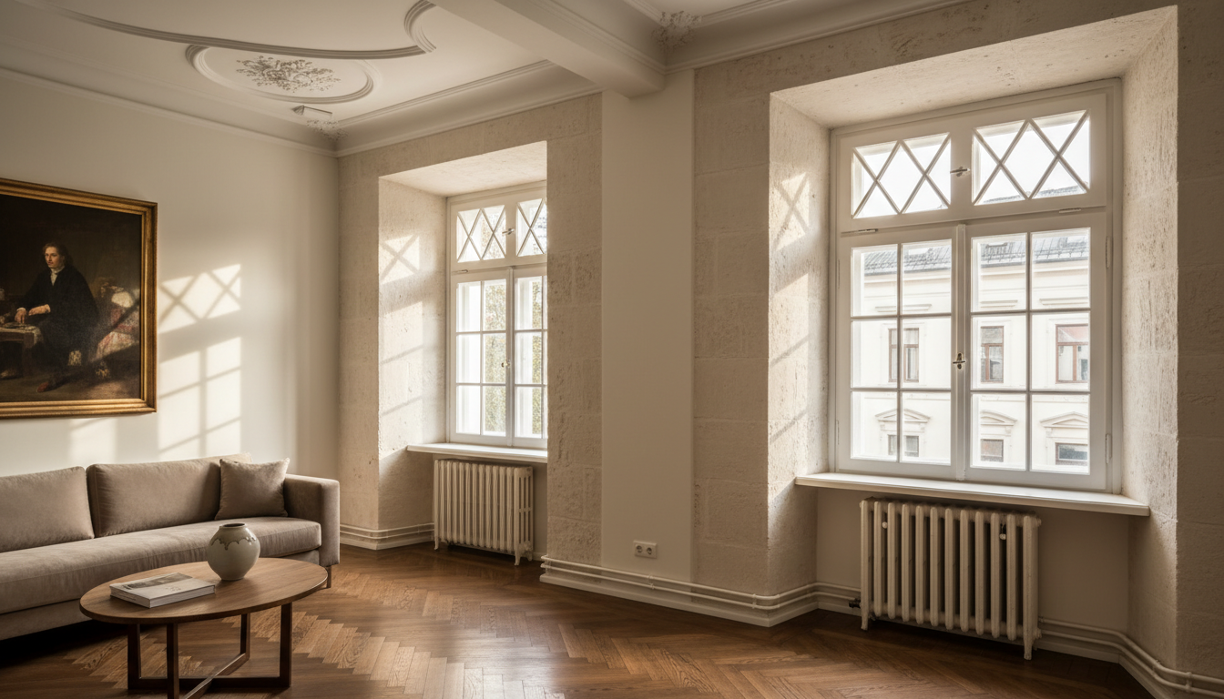 Fenster für Altbau Sanierung: Dreifachverglasung Nahaufnahme einer modernen Dreifachverglasung mit Isolationsschichten – ideales Fenster für Altbau Sanierung.