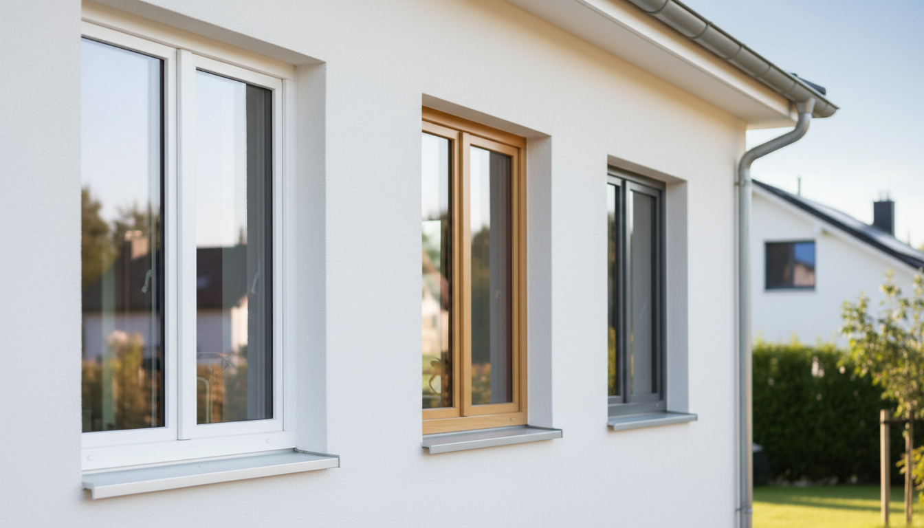 Verschiedene fenster für die hausfassade in Weiß-PVC, Holz und anthrazitfarbenem Aluminium; klare Profil- und Glasdetails