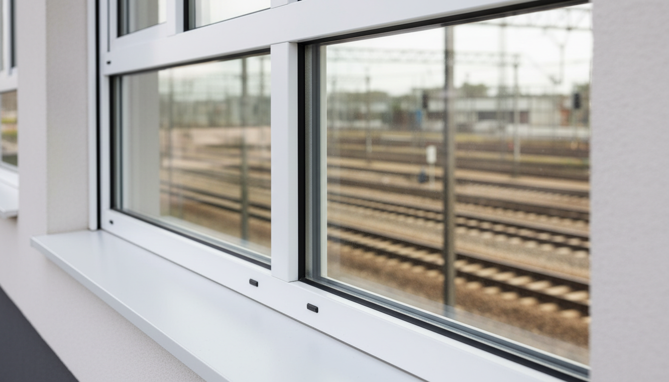 Fenster gegen Bahnlärm: Helles, ruhiges Wohnzimmer mit schalldichten Fenstern, Bahngleise sichtbar, Tageslicht.