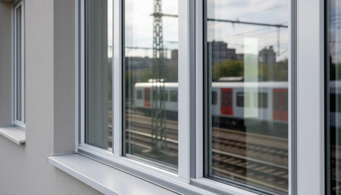Nahaufnahme moderner dreifach verglaster Schallschutzfenster am Wohnhaus neben Bahngleisen – Fenster gegen Bahnlärm.