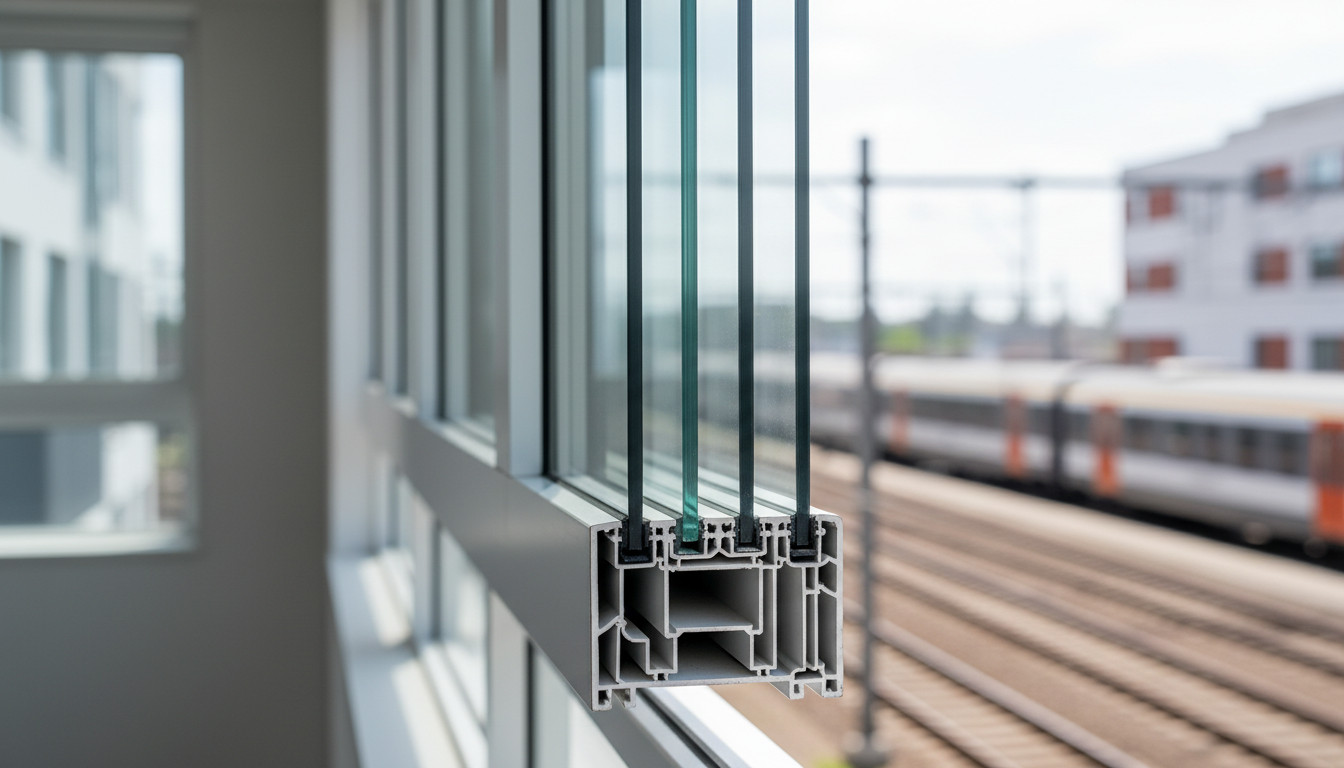 Schlafzimmer mit dicken Vorhängen, Teppichboden, Polstermöbeln und Akustikpaneelen – Fenster gegen Bahnlärm