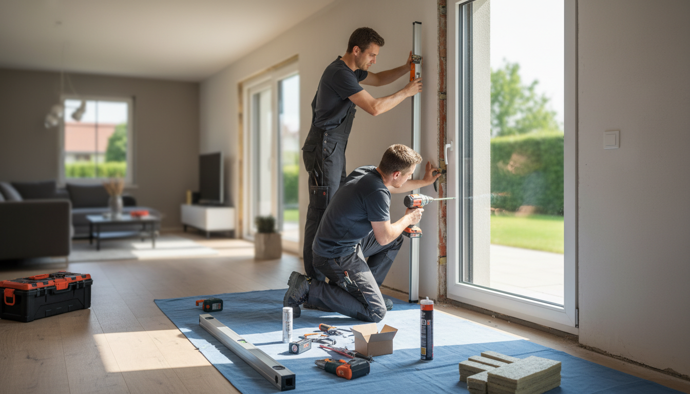 Moderne Wohnhausfassade: Fenster mit Einbau, weiße Rahmen, energieeffiziente Verglasung und viel natürliches Licht.