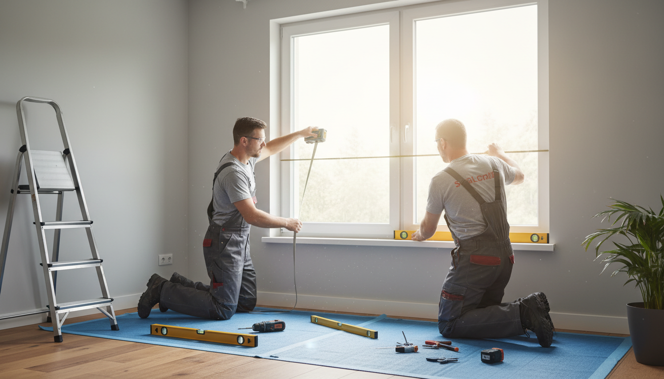 Handwerker misst Fensteröffnung mit digitalem Messgerät, präzise Vorbereitung für fenster mit einbau