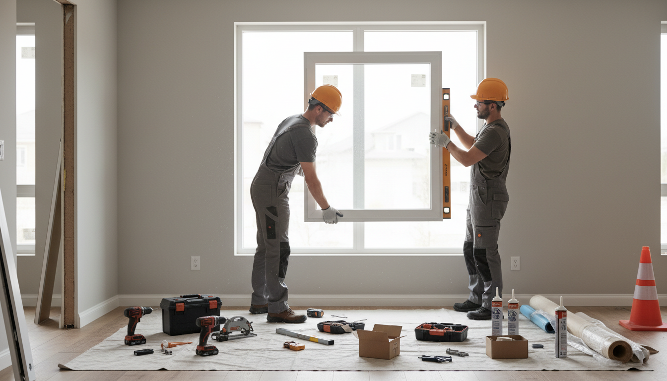 Handwerker beim Fenster mit Einbau eines weißen PVC-Fensters, Messwerkzeuge und professionelle Ausrüstung im Tageslicht