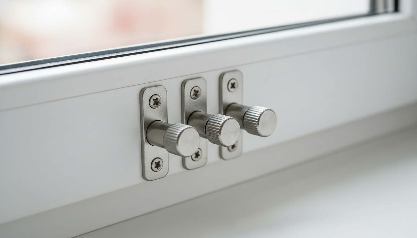 Fenster mit Einbruchhemmung – Sicherheitsdetailfoto Nahaufnahme eines modernen Fensters mit Einbruchhemmung: verstärkter Rahmen, Mehrfachverriegelung und Pilzkopfbolzen.