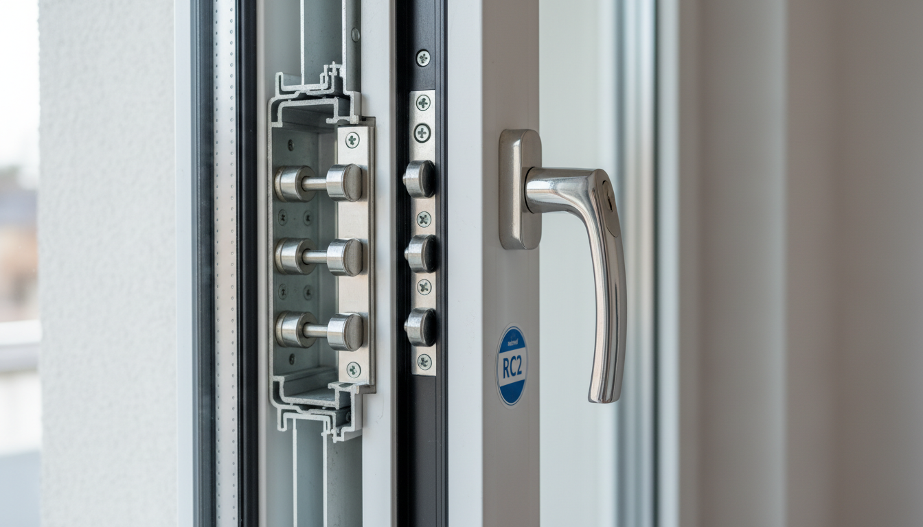 Fenster mit Einbruchhemmung: PVC, Alu, Holz Vergleich von PVC-, Aluminium- und Holzfenstern mit sichtbarer Sicherheitstechnik, Fenster mit Einbruchhemmung im Showroom.