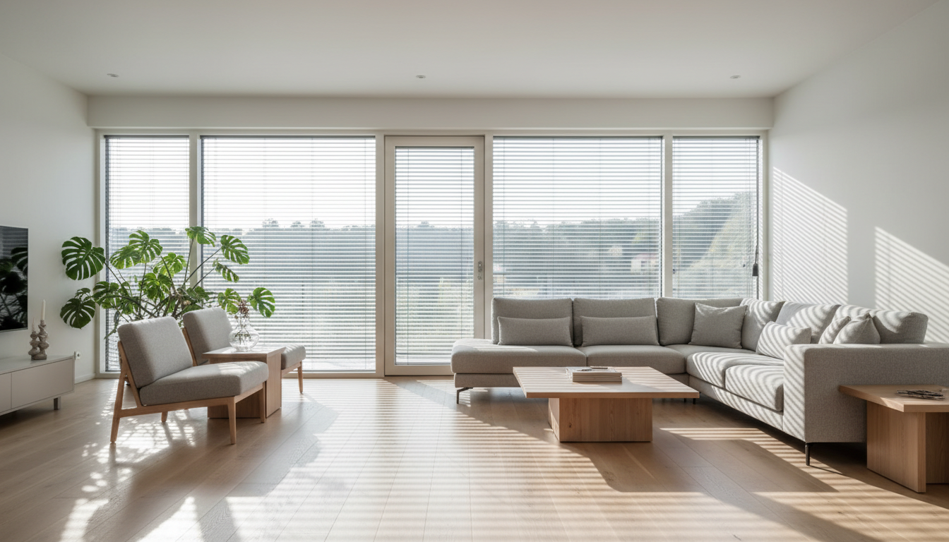 Moderne Architektur: Fenster mit integriertem Sonnenschutz Professionelle Außenaufnahme: modernes Haus mit mehreren Fenstern mit integriertem Sonnenschutz bei hellem Tageslicht