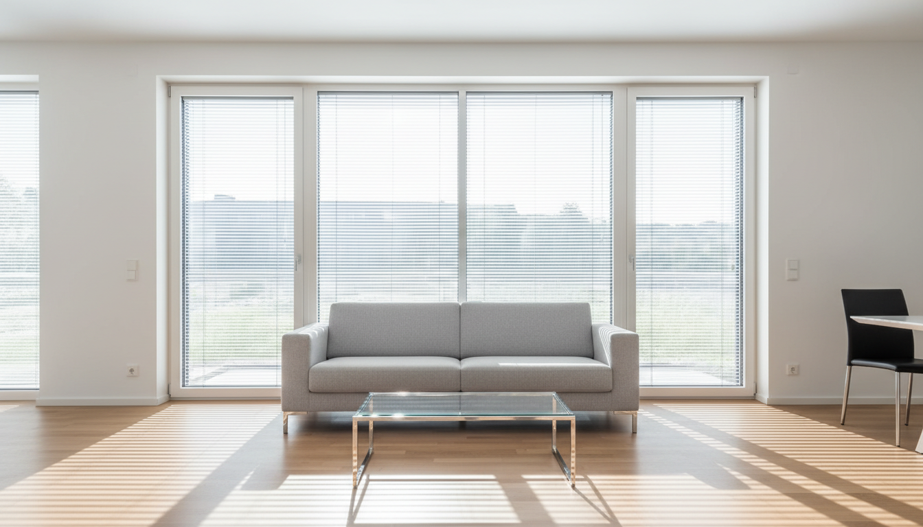 Fenster mit integriertem Sonnenschutzpro Modernes Wohnzimmer mit fenster mit integriertem sonnenschutz zwischen Glasscheiben, weiches Tageslicht und minimalistisches Design.