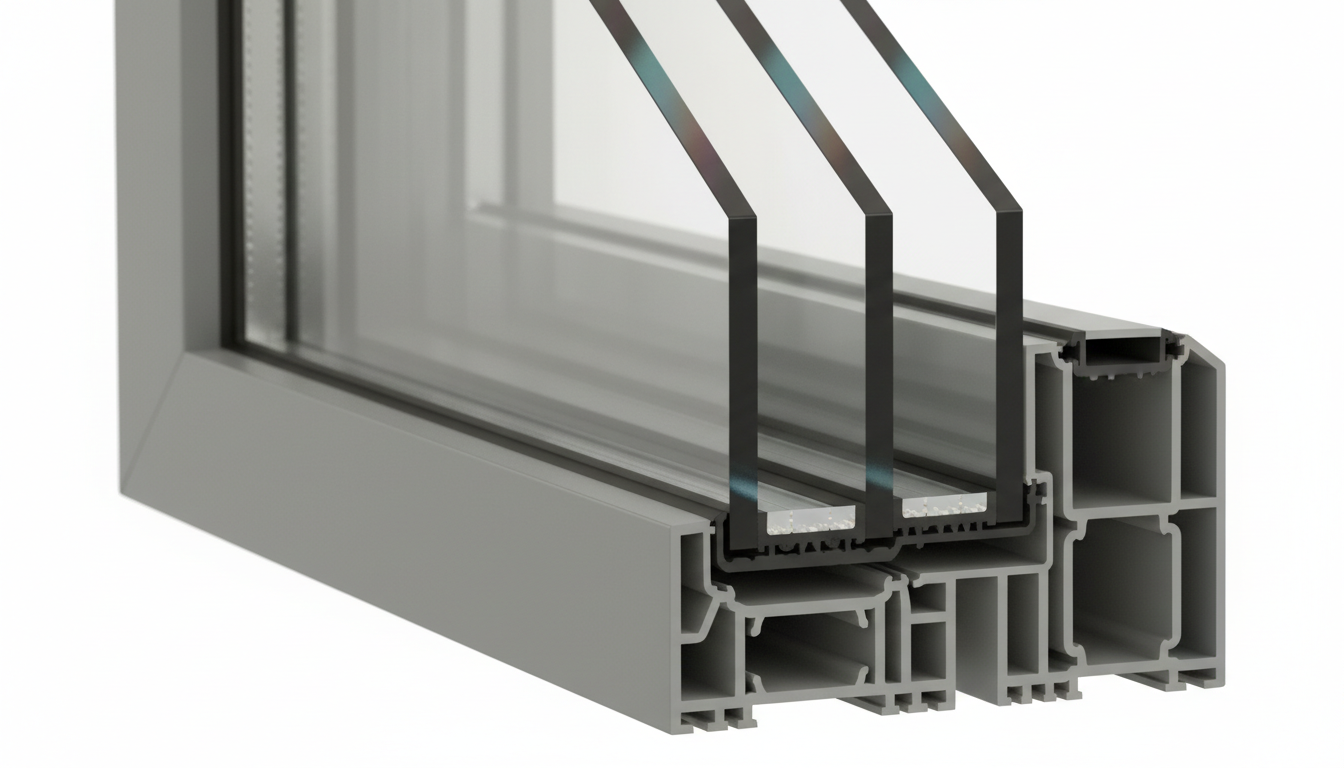 Fenster mit niedrigem U-Wert: Dreifachverglasung Makroaufnahme eines dreifachverglasten Fenster-Querschnitts mit Low-E-Beschichtung, fenster mit niedrigem u-wert sichtbar