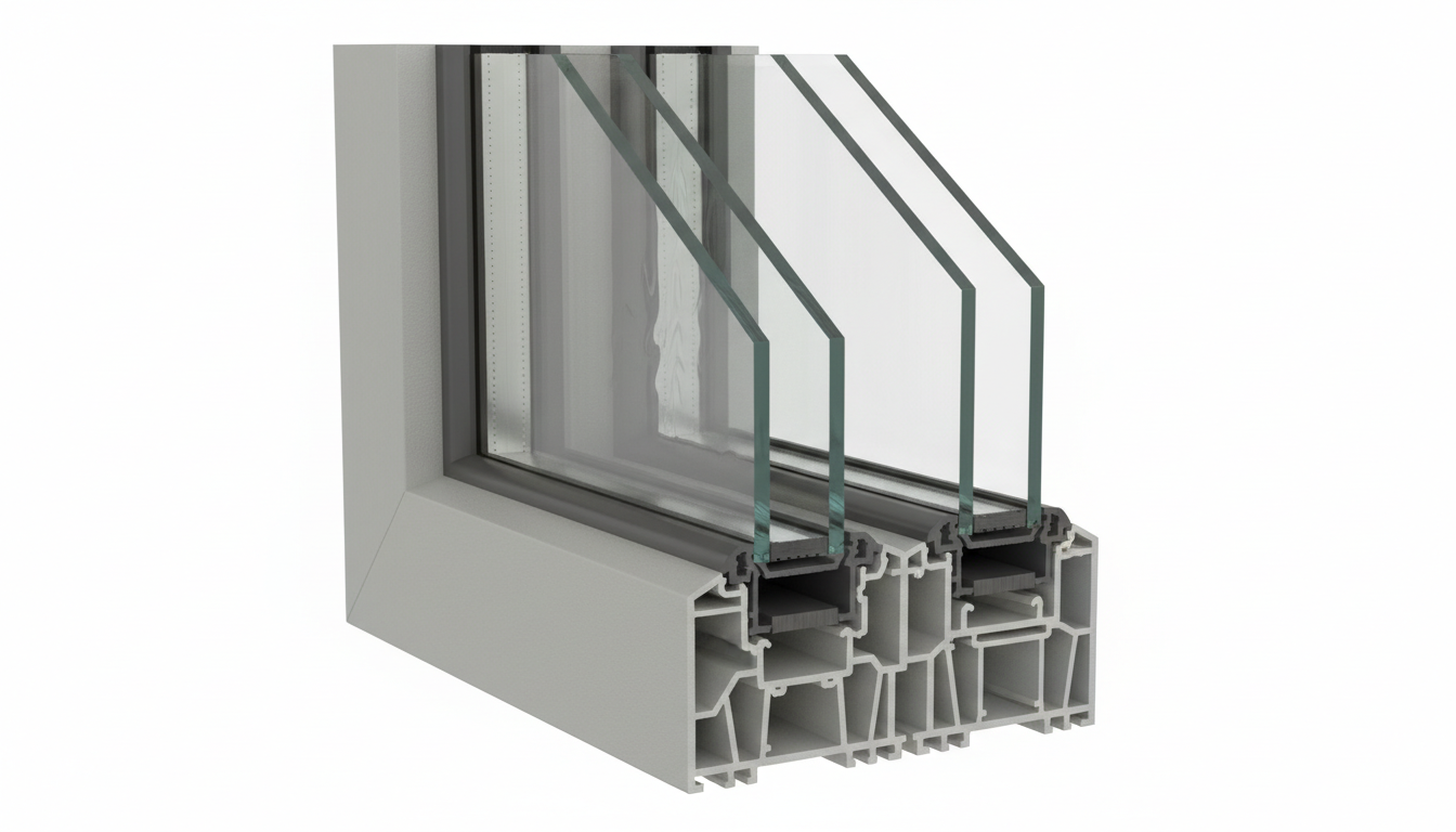 Fenster mit niedrigem U-Wert: Profi beim Einbau Fenster mit niedrigem U-Wert: Monteur misst und justiert dreifachverglastes Fenster präzise bei Montage
