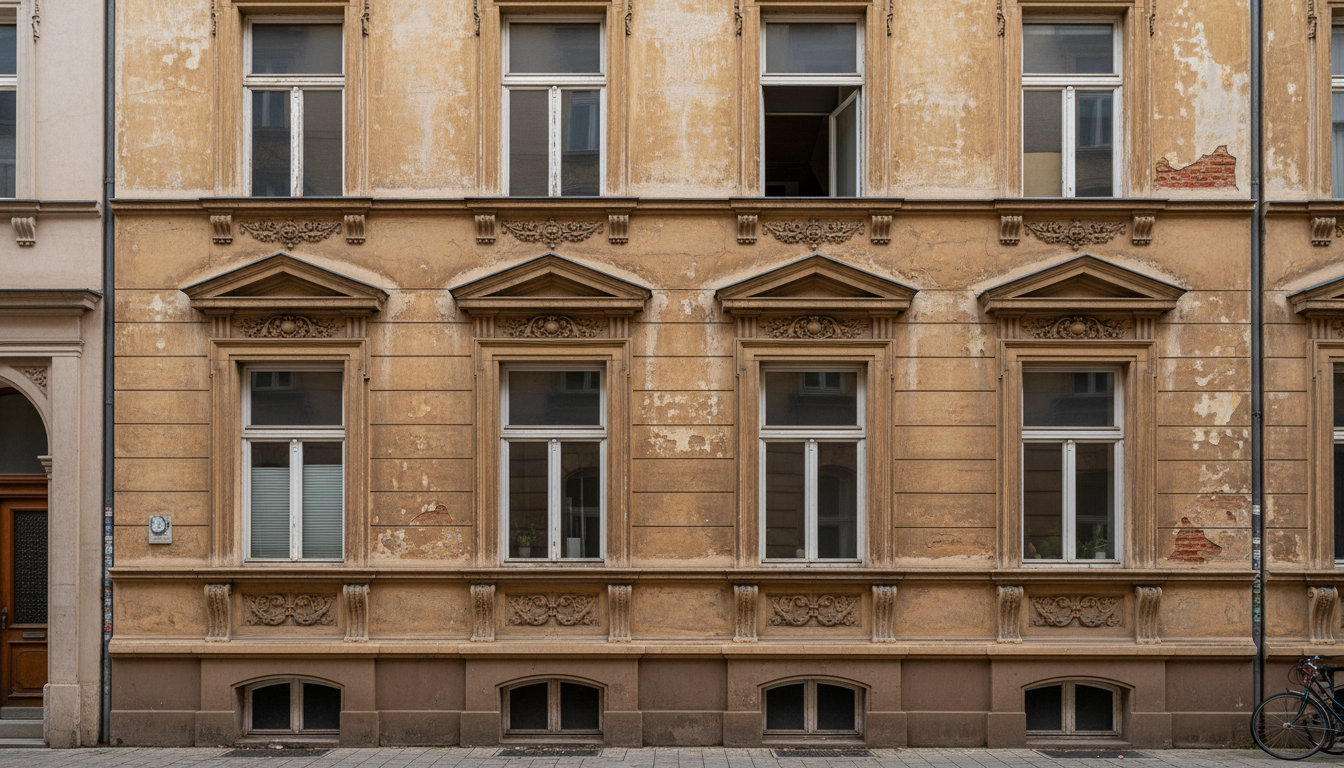 Handwerker installiert energieeffizientes Fenster bei fenster sanierung altbau; Leiter und Werkzeuge im Tageslicht