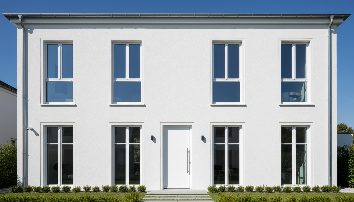 Moderne zweistöckige Hausfassade mit fenster symmetrisch anordnen, zentrierter Eingang, großen identischen Fenstern