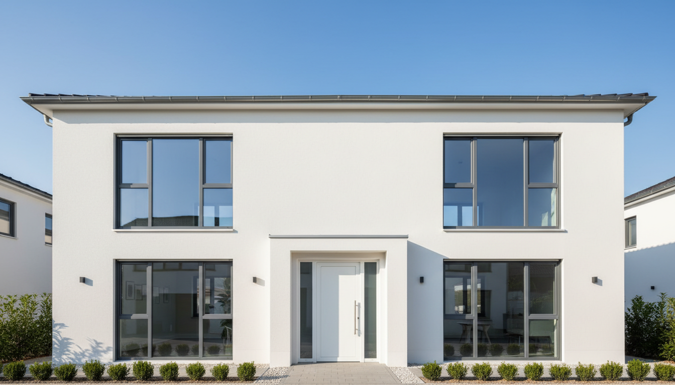 Arbeiter montieren identische Fenster an moderner Fassade, fenster symmetrisch anordnen; Sicherheitsausrüstung sichtbar