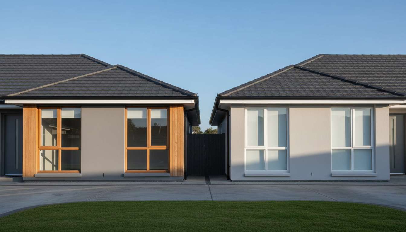 Fensterrahmen aus Holz oder Plastik: Vergleich Nahaufnahme von Fensterrahmen aus Holz oder Plastik: Querschnitte von PVC-Kammerprofil und Massivholz