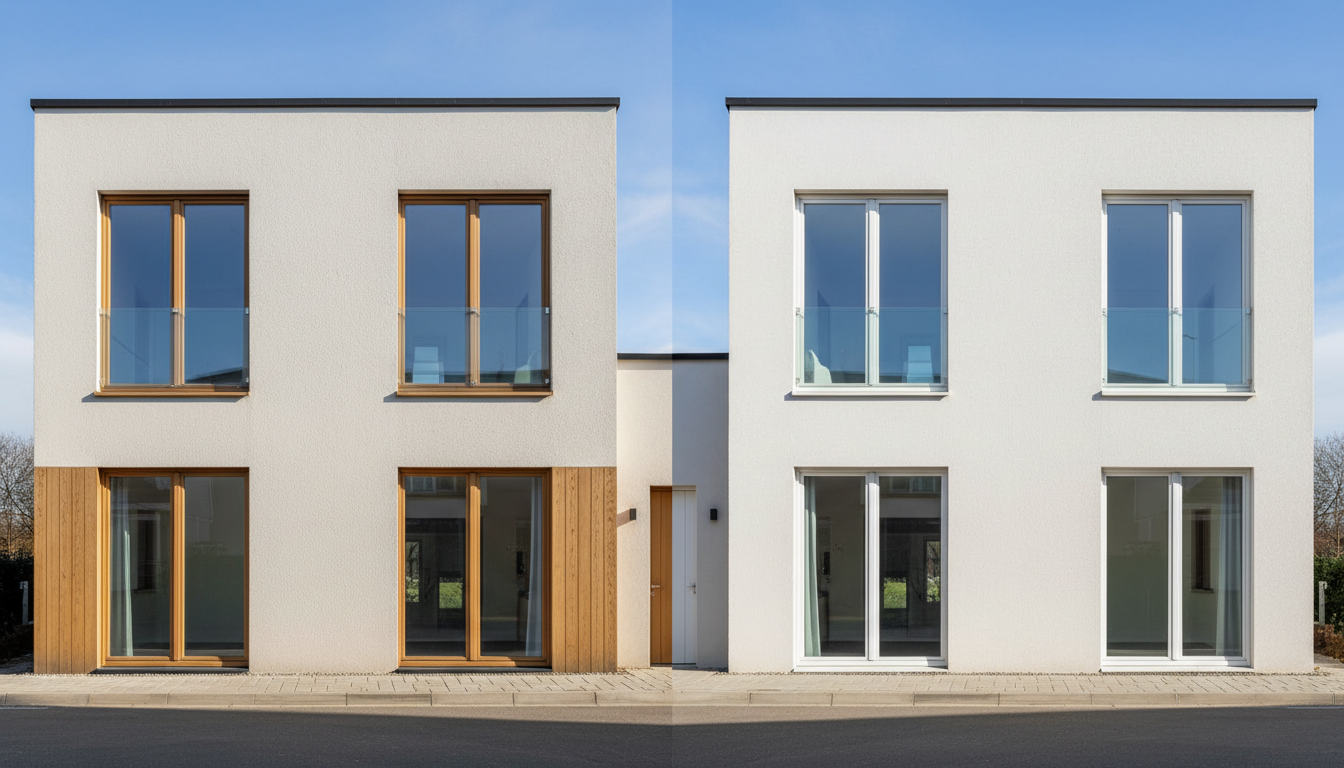Fensterrahmen aus Holz oder Plastik Bau Handwerker montiert fensterrahmen aus holz oder plastik in Wandöffnung, mit Schutzhelm, Seitenlicht, hochaufgelöst.