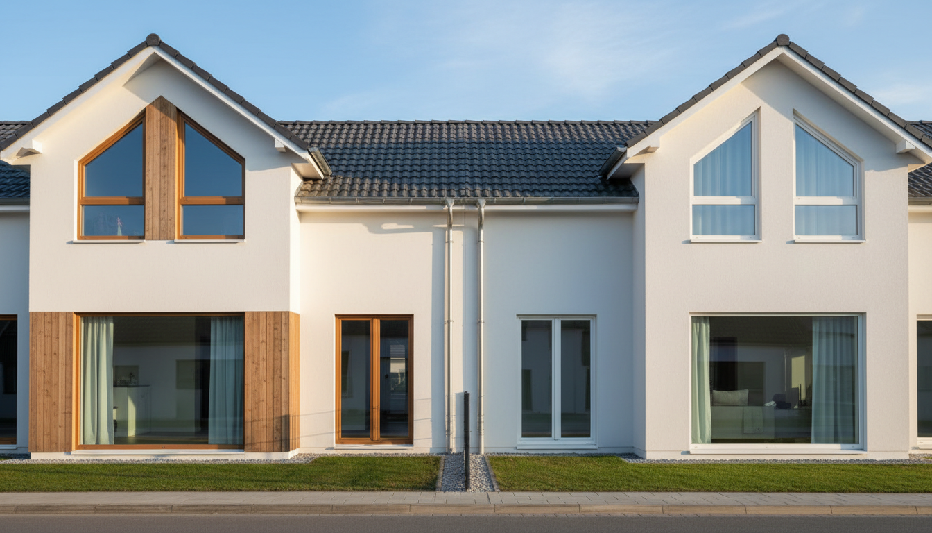 Fensterrahmen aus Holz oder Plastik Foto Zwei Hausfassaden im Tageslicht: Fensterrahmen aus Holz oder Plastik im direkten Vergleich, hohe Detailtreue.