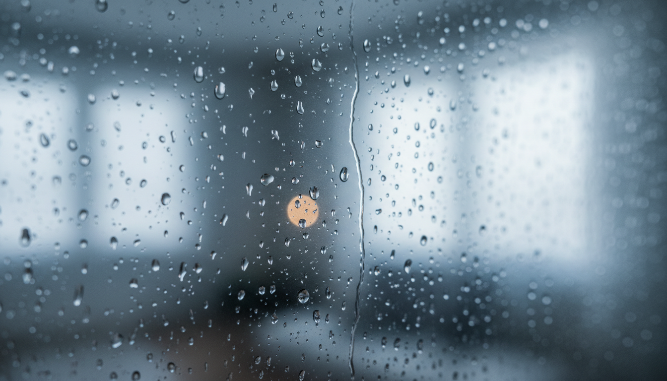 Nahaufnahme von Feuchtigkeit am Fenster innen: Kondenswasserperlen und Rinnsal bei kaltem Morgen
