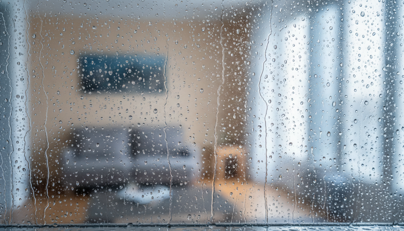 Handwerker montiert modernes Dreifachglasfenster im Innenraum, zeigt feuchtigkeit am fenster innen bei Profi-Montage.