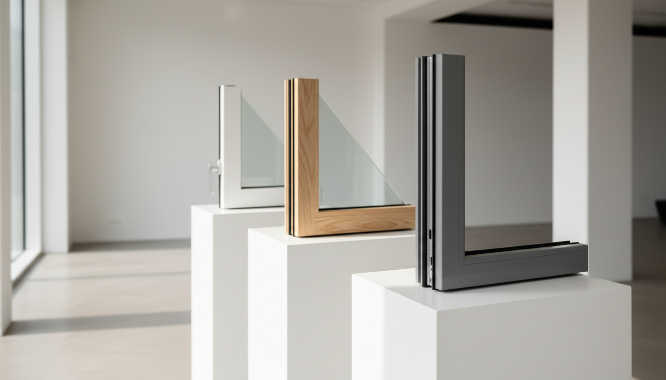 Weißer PVC-, Holz- und Aluminiumrahmen nebeneinander im Showroom – häufige Fehler beim Fensterkauf.