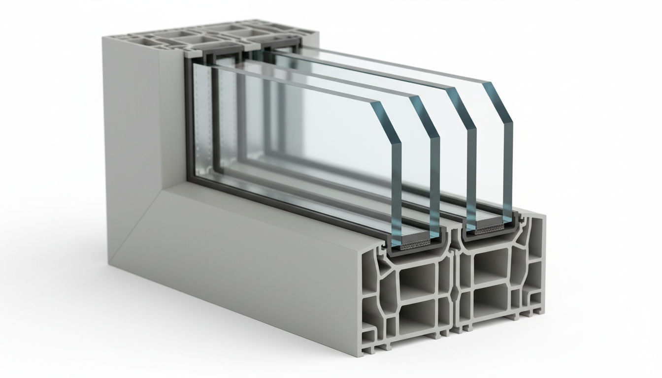 hochwärmedämmende fenster: Holz, PVC, Alu im Vergleich Studiofoto zeigt hochwärmedämmende fenster: Querschnitte von Holz-, PVC-, Aluminium- und Holz-Alu-Rahmen.