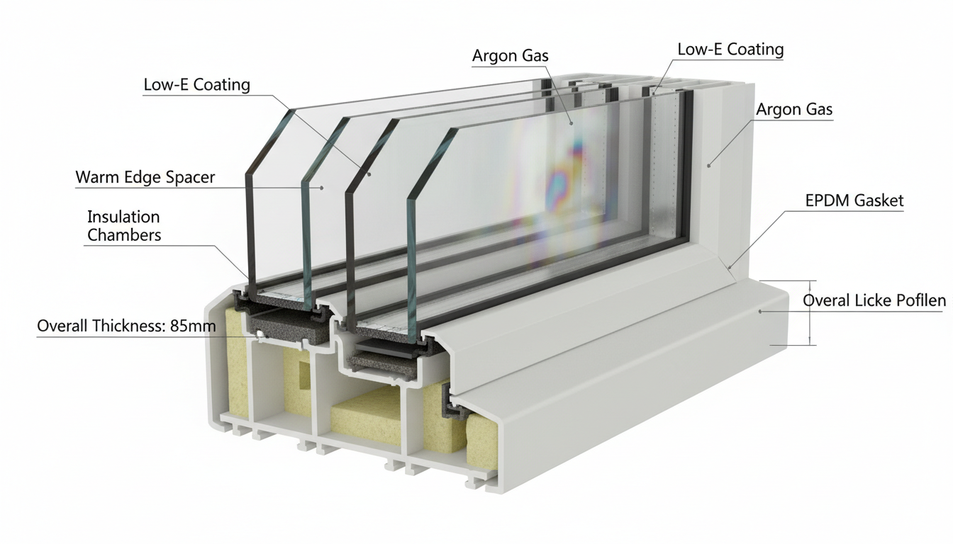 Hochwärmedämmende Fenster – Dreifachglas Querschnitt Nahaufnahme eines Dreifachglas-Querschnitts mit Isolationsschichten – hochwärmedämmende Fenster im Detail