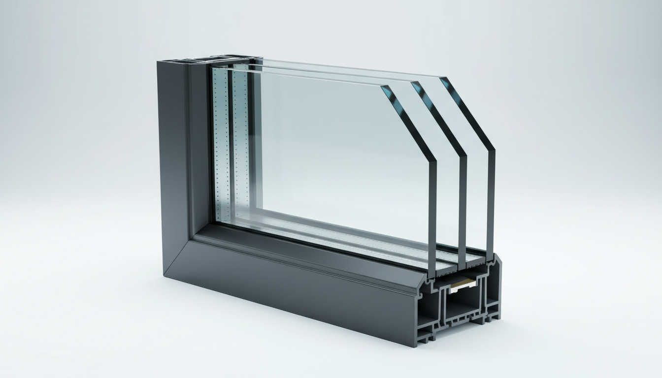 isolierglas fenster vorteile: Dreischeiben-Querschnitt Querschnitt einer Dreischeiben-Isolierglas-Fensteraufnahme zeigt Abstandhalter, Gasfuellung – isolierglas fenster vorteile