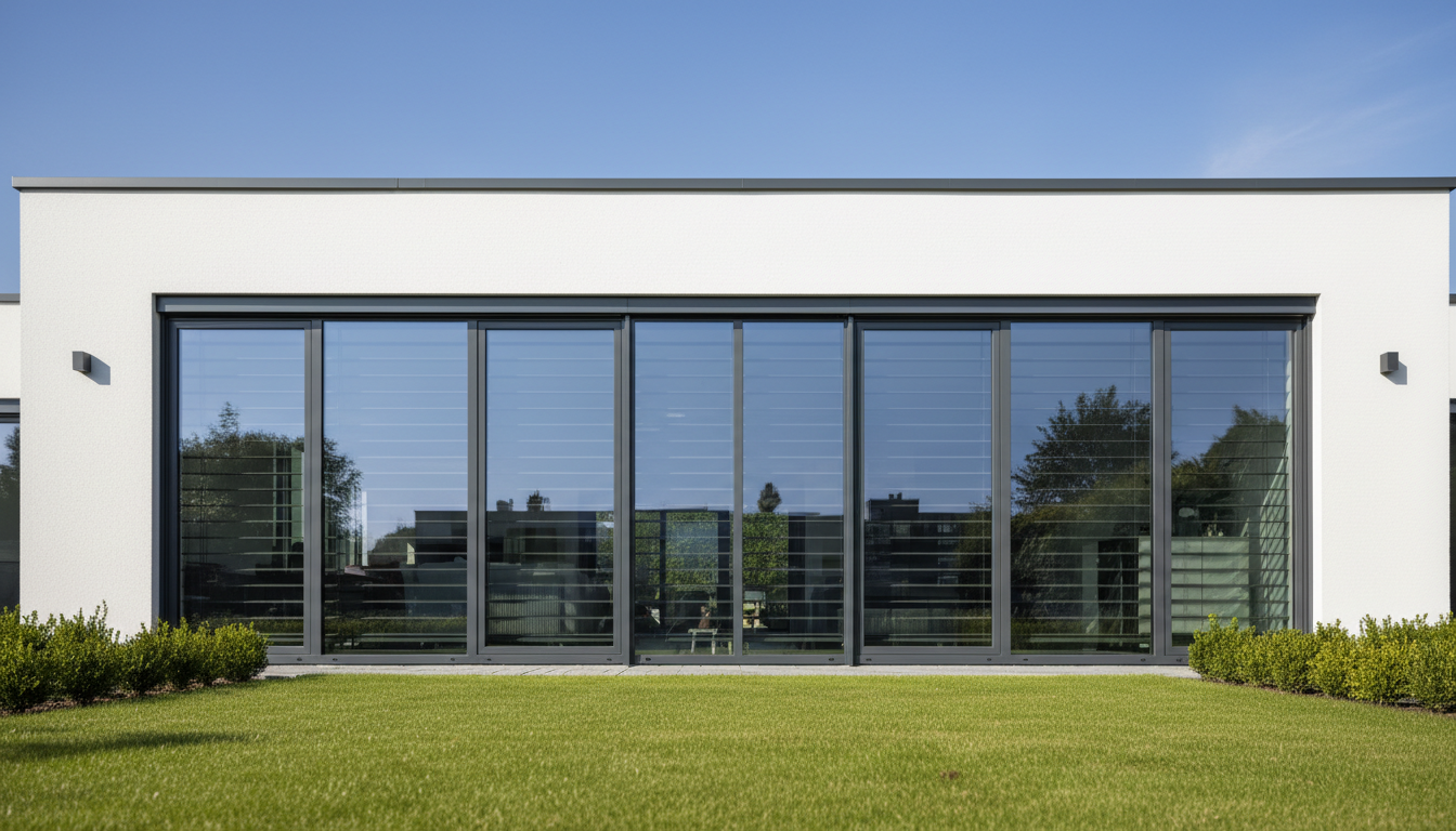 Moderne Hausfassade mit großen dreifachverglasten Fenstern – klimafreundliche fenster im Tageslicht vor klarem Blauhimmel