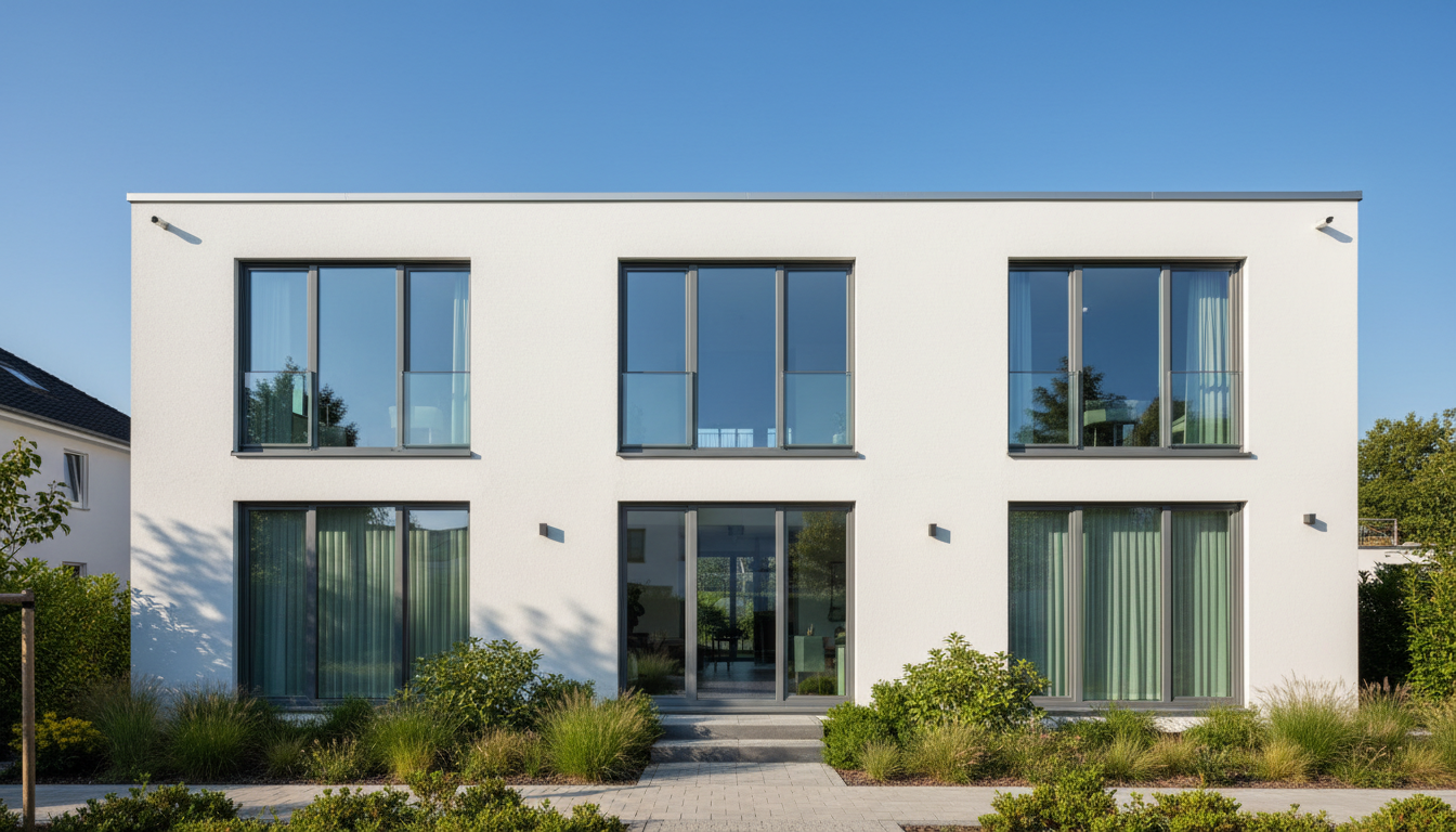 Handwerker montiert klimafreundliche Fenster in modernem Dreifachverglasungsrahmen auf Baustelle bei natürlichem Licht.