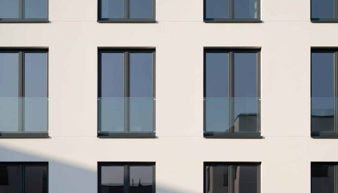 Moderne Baufenster mit Dreifachverglasung in Anthrazit Moderne Baufenster: Wohnfassade mit großen dreifachverglasten Fenstern in anthrazitfarbenen Rahmen, klare Linien, Tageslicht.