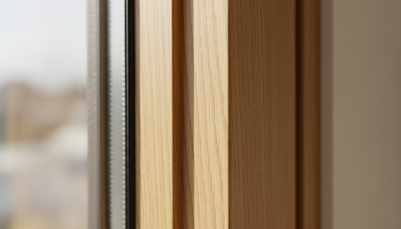 Moderne Hausfassade mit fenster holzoptik in Eichenoptik, große Panoramafenster und Tageslicht, weite Perspektive