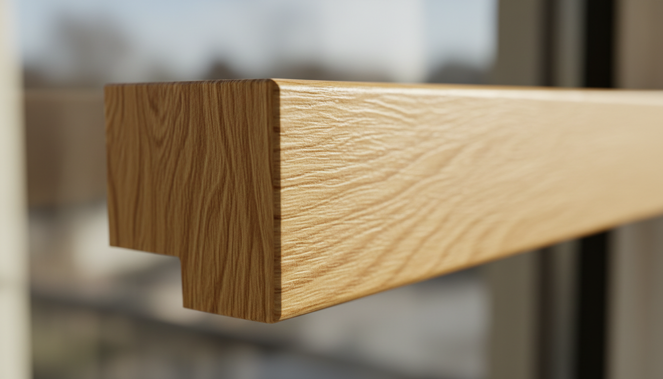 Modernes Wohnzimmer mit großen Fenstern in Holzoptik, warmes Tageslicht und gemütliche Einrichtung.