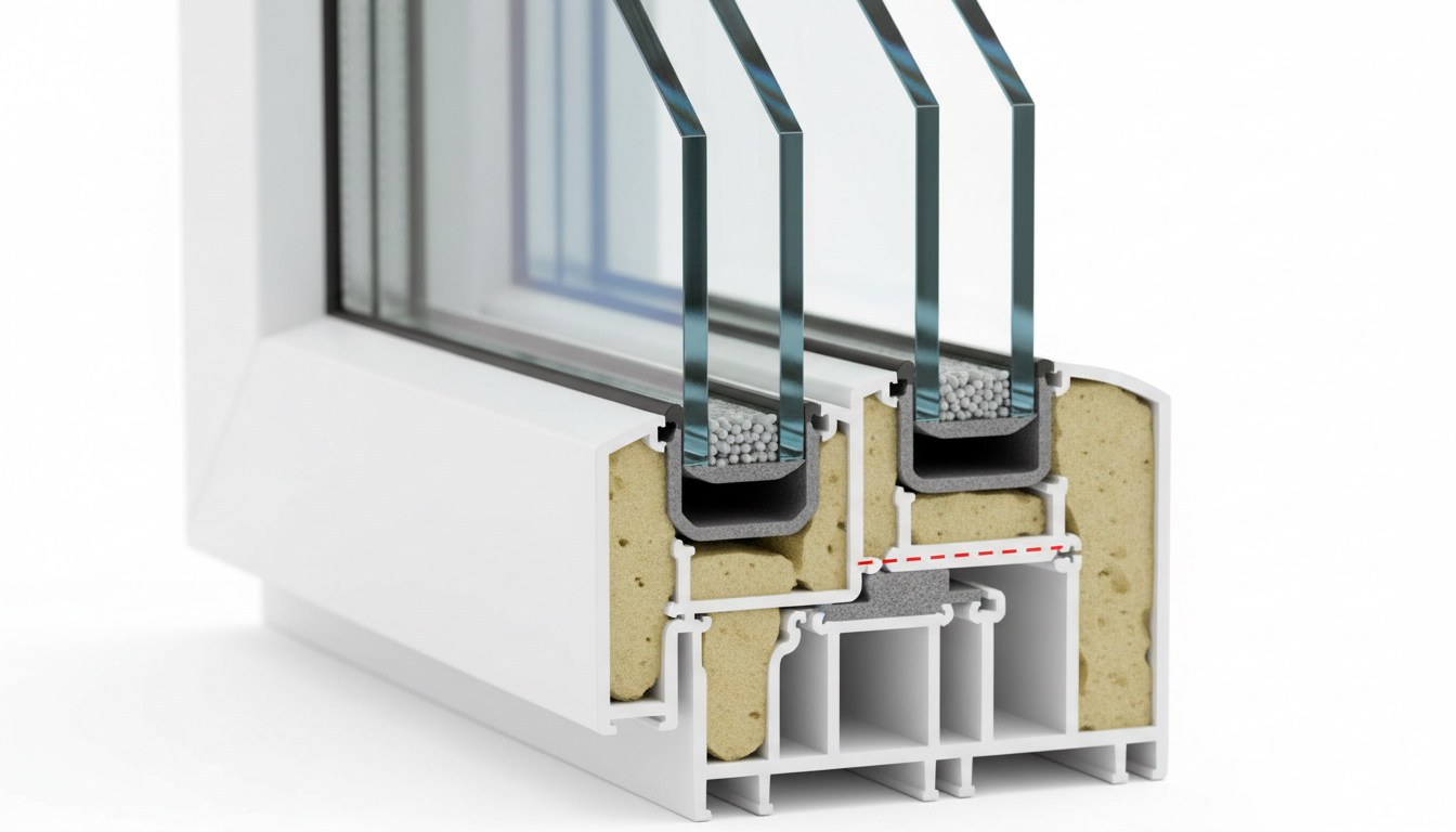 Fachgerechte Montage hochwärmedämmende Fenster Handwerker montiert hochwärmedämmende Fenster in Hausfassade mit Dreifachverglasung bei Tageslicht