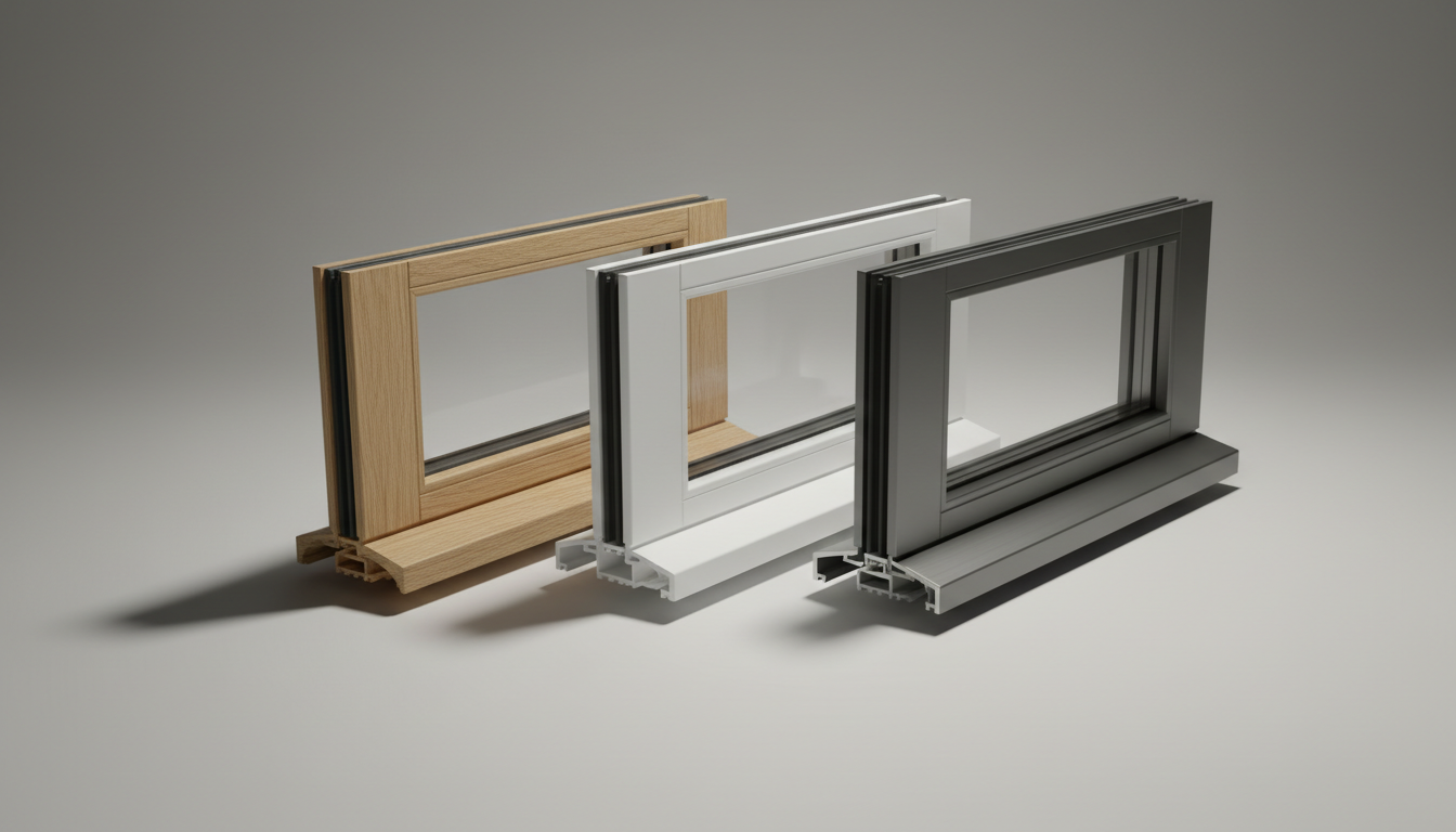 Drei Fensterrahmen (Holz, weißes PVC, anthrazit Aluminium) zeigen nachhaltige fenster materialien und Materialstrukturen.