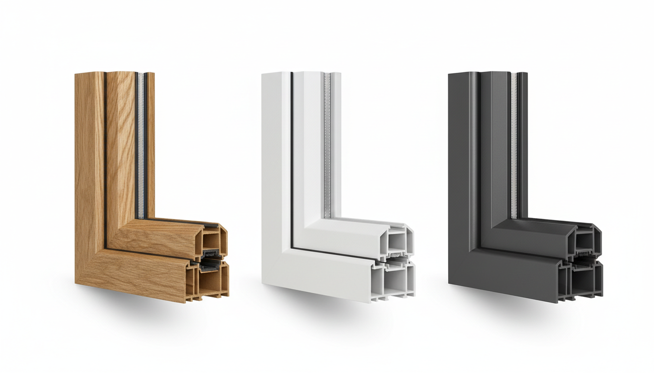 Moderner Hausanbau mit Hybrid Holz-Alu-Fenstern in Anthrazit, nachhaltige fenster materialien, warmes Holz innen sichtbar.