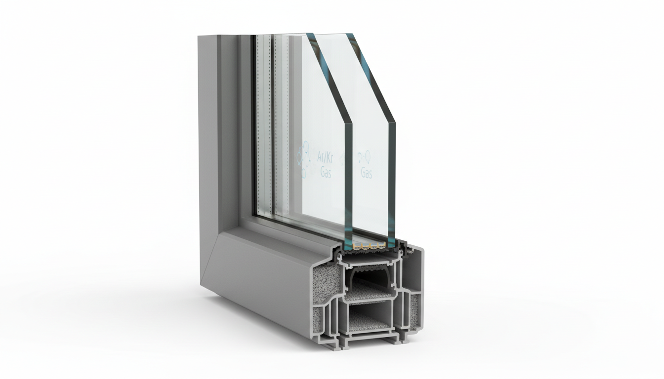 Architekturfoto eines Passivhausfensters mit Dreifachverglasung, scharfe Rahmendetails bei hellem Tageslicht und blauem Himmel