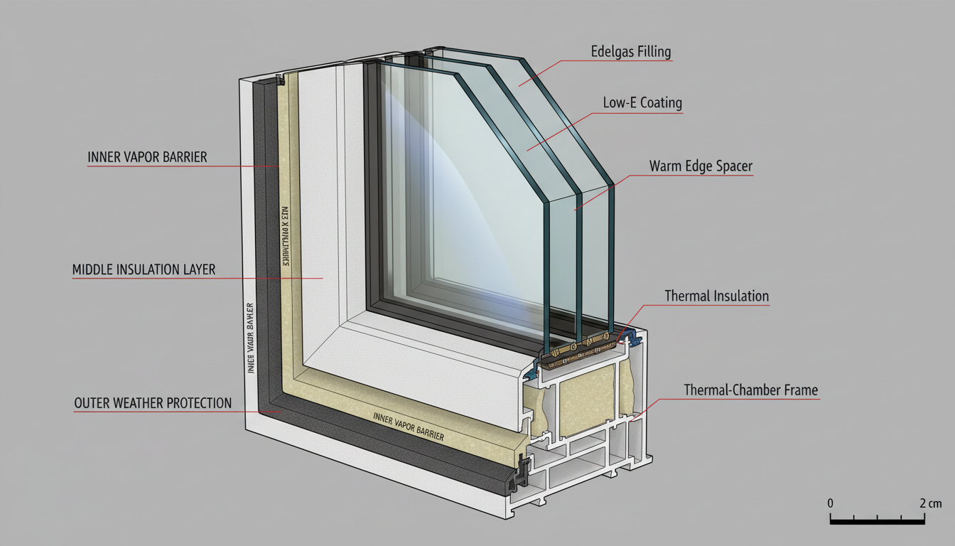 Passivhausfenster Querschnitt mit Dreifachverglasung, Mehrkammersystem und Wärmedämmung, technische Detailaufnahme.