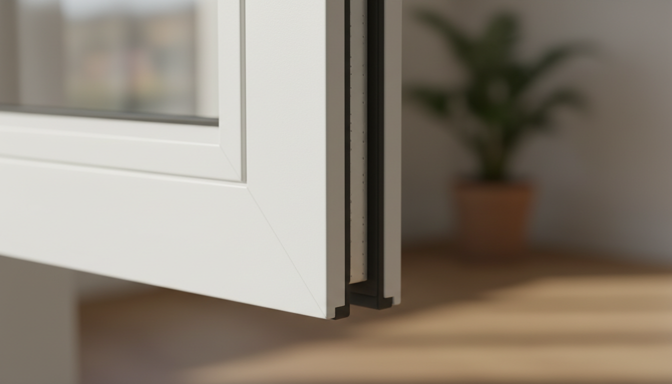 Pflegeleichte Fensterrahmen Materialien: PVC-Eckdetail Makroaufnahme weiße PVC-Fensterecke mit glatter Oberfläche im Tageslicht; Beispiel pflegeleichte fensterrahmen materialien