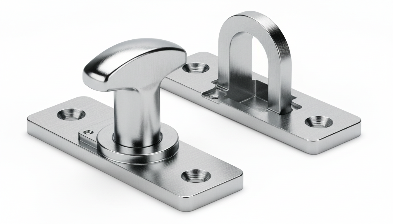 Silberne pilzkopfverriegelung fenster im Detail: Pilzstift und Haken-Schliessblech, Makrofoto.