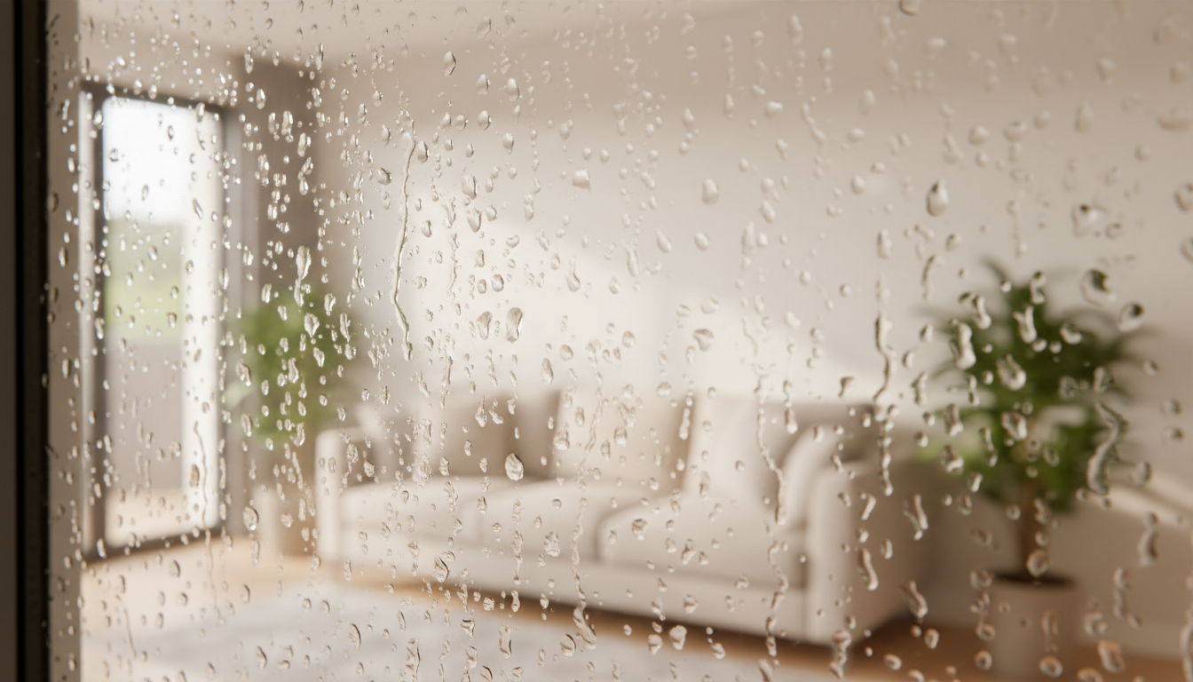 Nahaufnahme von Wasserperlen an modernem Fenster im Wohnzimmer, probleme nach fenstertausch sichtbar.