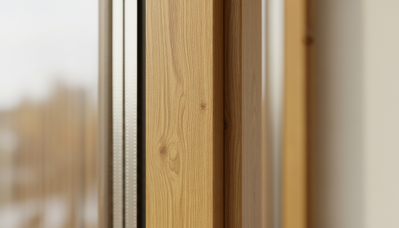 Makroaufnahme eines PVC-Fensters mit Fenster-Holzoptik in Eiche, sichtbare Maserung und Oberfläche bei Tageslicht