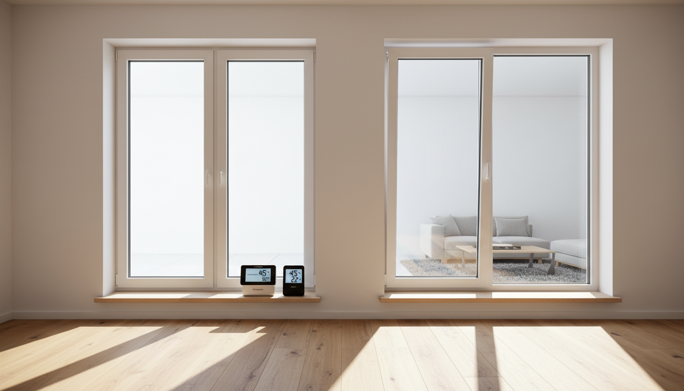 3D-Querschnitt eines dreifachverglasten Fensters mit Argon, Low-E und Thermobreak, raumklima verbessern fenster sichtbar