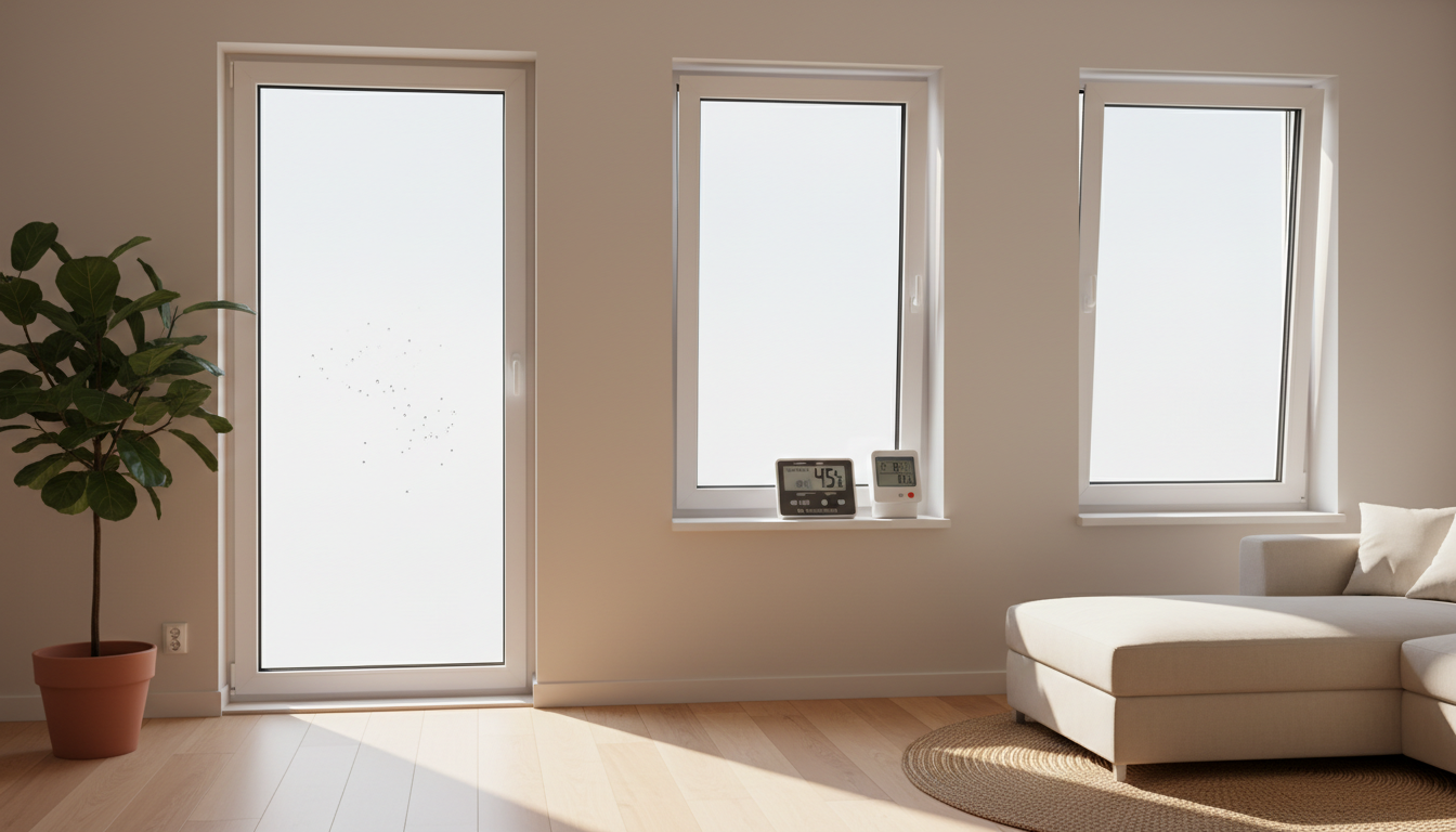 Person öffnet modernes Fenster, Hygrometer zeigt optimale Luftfeuchte – raumklima verbessern fenster für frische Morgenluft.