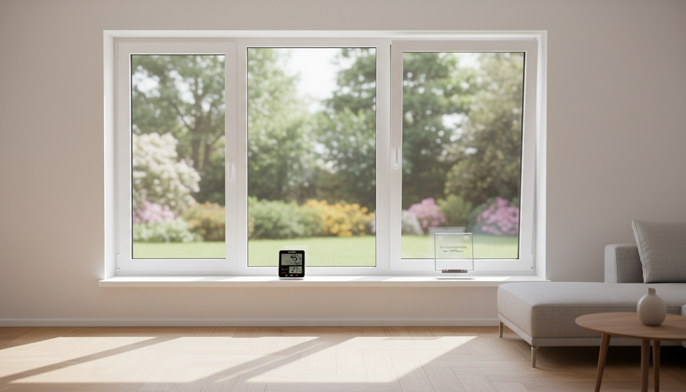 Weiße Dreifachfenster mit Kondensationsmessgerät und Hygrometer auf Fensterbank – raumklima verbessern fenster